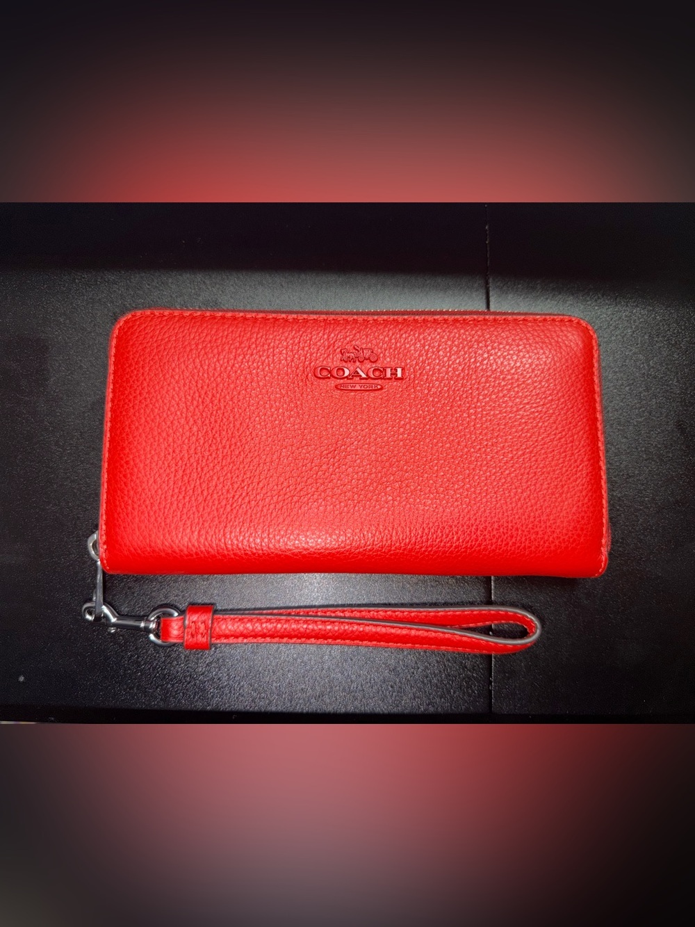 COACH Red Pebbled Leather Zip-Around Wristlet Wallet